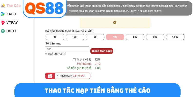Thao tác nạp tiền bằng thẻ cào